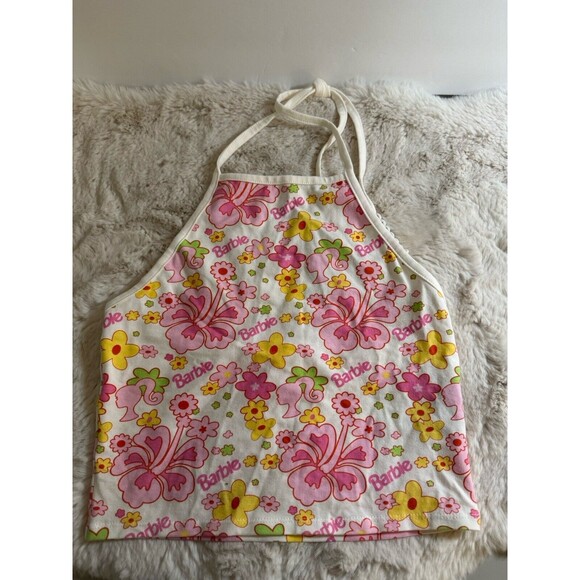 Barbie X Forever 21 Crop Top Halter Pink Flower Power Spell Out Beads New M - Picture 1 of 9